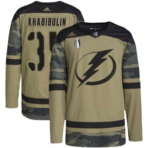 Youth Authentic Tampa Bay Lightning Nikolai Khabibulin Camo Military Appreciation Practice 2022 Stanley Cup Final Official Adida