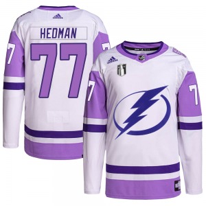 Youth Authentic Tampa Bay Lightning Victor Hedman White/Purple Hockey Fights Cancer Primegreen 2022 Stanley Cup Final Official A