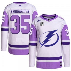 Adult Authentic Tampa Bay Lightning Nikolai Khabibulin White/Purple Hockey Fights Cancer Primegreen 2022 Stanley Cup Final Offic