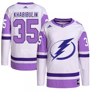 Adult Authentic Tampa Bay Lightning Nikolai Khabibulin White/Purple Hockey Fights Cancer Primegreen Official Adidas Jersey