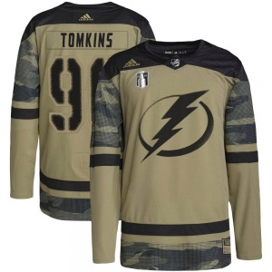Youth Authentic Tampa Bay Lightning Matt Tomkins Camo Military Appreciation Practice 2022 Stanley Cup Final Official Adidas Jers