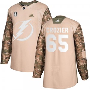 Adult Authentic Tampa Bay Lightning Maxwell Crozier Camo Veterans Day Practice 2022 Stanley Cup Final Official Adidas Jersey