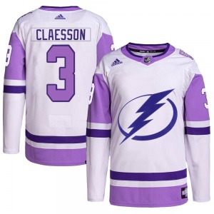 Youth Authentic Tampa Bay Lightning Fredrik Claesson White/Purple Hockey Fights Cancer Primegreen 2022 Stanley Cup Final Officia