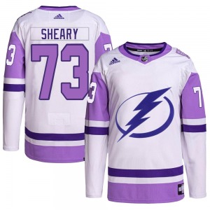 Youth Authentic Tampa Bay Lightning Conor Sheary White/Purple Hockey Fights Cancer Primegreen 2022 Stanley Cup Final Official Ad