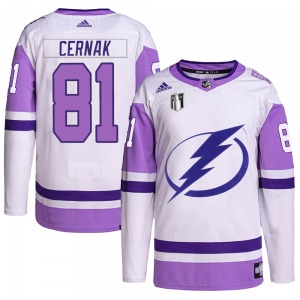 Adult Authentic Tampa Bay Lightning Erik Cernak White/Purple Hockey Fights Cancer Primegreen 2022 Stanley Cup Final Official Adi
