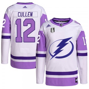 Adult Authentic Tampa Bay Lightning John Cullen White/Purple Hockey Fights Cancer Primegreen 2022 Stanley Cup Final Official Adi