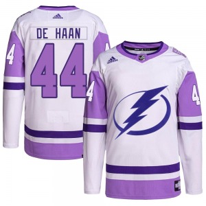 Adult Authentic Tampa Bay Lightning Calvin de Haan White/Purple Hockey Fights Cancer Primegreen 2022 Stanley Cup Final Official 