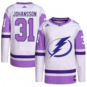 Adult Authentic Tampa Bay Lightning Jonas Johansson White/Purple Hockey Fights Cancer Primegreen 2022 Stanley Cup Final Official