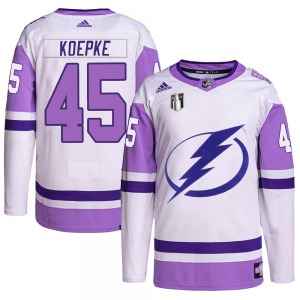 Adult Authentic Tampa Bay Lightning Cole Koepke White/Purple Hockey Fights Cancer Primegreen 2022 Stanley Cup Final Official Adi