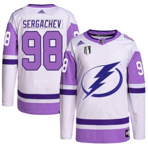 Adult Authentic Tampa Bay Lightning Mikhail Sergachev White/Purple Hockey Fights Cancer Primegreen 2022 Stanley Cup Final Offici