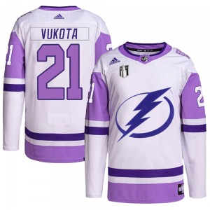 Adult Authentic Tampa Bay Lightning Mick Vukota White/Purple Hockey Fights Cancer Primegreen 2022 Stanley Cup Final Official Adi