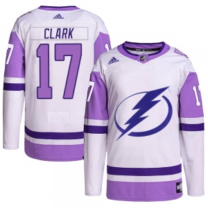 Adult Authentic Tampa Bay Lightning Wendel Clark White/Purple Hockey Fights Cancer Primegreen Official Adidas Jersey